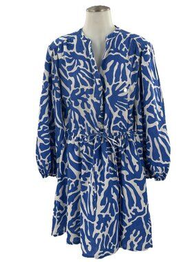 H&M Dress Short Puffy Sleeve Linen Blend Tie Front Boho Summer Blue White Small